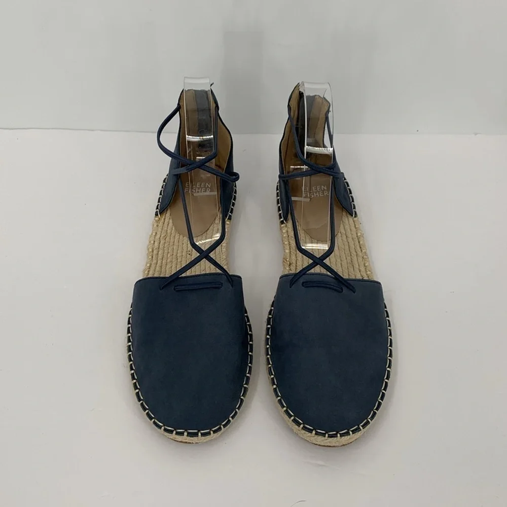 Eileen Fisher Lace-up Espadrille Shoe navy blue Nubuck criss cross strap flat 10